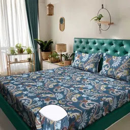 Myntra Elegant Homes Blue & Brown Printed 300 TC Fitted King Bedsheet Set- 250 cm x 225 cm-image-22