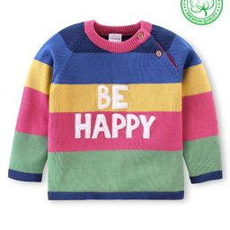 Babyhug Organic Cotton Knit Full Sleeves Sweater Text Embroidery - Green Blue & Pink-image-74