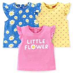 Babyhug Cotton Knit Frill Sleeves Floral & Heart Printed T-Shirts Pack of 3 - Pink Blue & Yellow-image-44