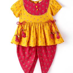Saka Designs Rayon Half Sleeves Kurta & Dhoti Set With Floral Print - Yellow & Magenta-image-70