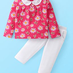 Babyhug Single Jersey Knit Full Sleeves Floral Printed Top & Leggings Set - Red & White-image-18