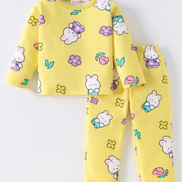Kookie Kids Full Sleeves Winter Wear Night Suit With Bunny & Floral Print - Yellow-image-28