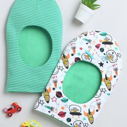BUMZEE Interlock Pack Of 2 Space Theme & Striped Printed Monkey Caps - Green & White-picture-28