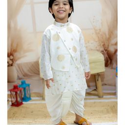 BownBee Full Sleeves Floral Foil Printed Kurta Dhoti With Jacket Set - White-image-72