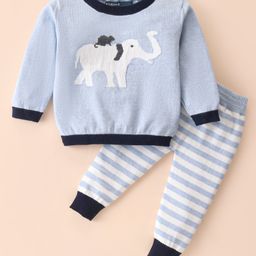 ToffyHouse Cotton Knitted Full Sleeves Winter Wear Suit With Stripes & Animal Print - Sky Blue-image-7