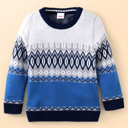 Babyhug Knitted Full Sleeves Pullover Sweater With Chevron Design - White & Blue-image-52