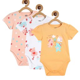 MINI KLUB Cotton Pack Of 3 Half Sleeves Animal & Polka Dots Printed Onesies - Pink White & Orange-image-63