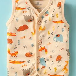 Child World Interlock Knit Front Open Sleeveless Jhablas With Animal Print - Peach-picture-21
