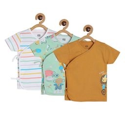 MINI KLUB Cotton Pack Of 3 Half Sleeves Striped & Baby Animals Printed Jhablas - White Green & Brown-picture-43