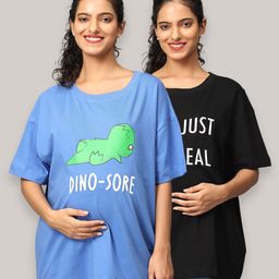 The Mom Store Pack Of 2 Half Sleeves Dinosaur & Shit Just Got Real Text Printed Oversized Maternity Tees - Blue & Black-image-21