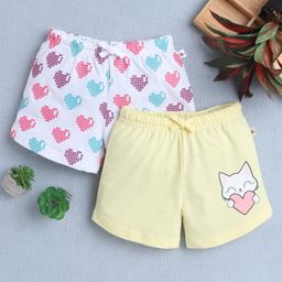 BUMZEE Cotton Knit Above Knee Length Shorts with Heart & Animal Print Pack of 2 - Yellow & White-image-52