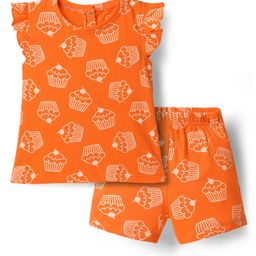 Babyhug Cotton Knit Frill Sleeves Shorts Co-Ord Night Suit With Cupcake Print - Orange-image-35