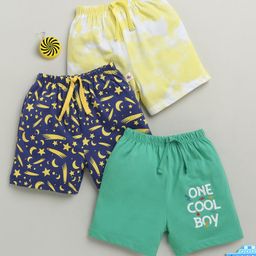 BUMZEE Cotton Knit Above Knee Length Tie & Dye With Space Theme Printed Shorts Pack of 3 - Green Navy Blue & Yellow-image-48