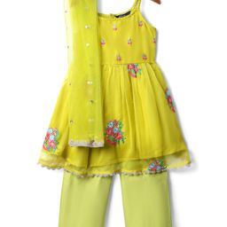 Pine Kids Woven Sleeveless Kurta Salwar Set With Floral Embroidery & Dupatta - Lime Green-image-29