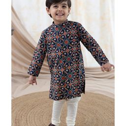 Tiber Taber 100% Cotton Full Sleeves Patola Printed Kurta Pyjama Set - Blue-image-77