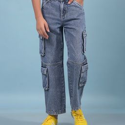 CRIMSOUNE CLUB 100% Cotton Mild Washed Cargo Jeans - Blue-picture-35