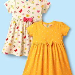 Babyhug Single Jersey Knit Half Sleeves Polka Dot & Butterfly Printed Frocks With Bow Applique Pack of 2 - Yellow & Cream-image-58