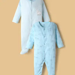 I Bears Interlock Knit Full Sleeves Footed Sleepsuit With Animal Print Pack Of 2 - Light Blue-picture-45