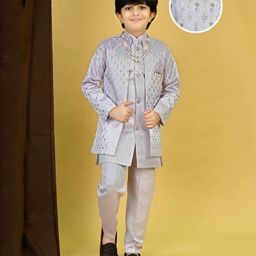BT DEZINES Satin Woven Full Sleeves Geometric Embroidered Sequins Embellished Sherwani Set With Mala - Lavender-image-89