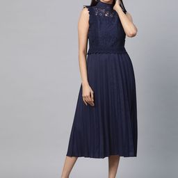 plusS Women Navy Blue Lace Detail Accordion Pleated A-Line Dress-23