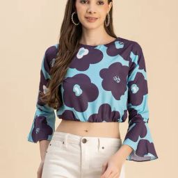 Moomaya Turquoise & Purple Floral Print Crop Top-image-37