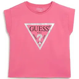 Guess Pink Printed Round Neck Cropped Core T-Shirt-image-48
