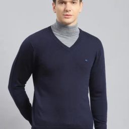 Monte Carlo Navy Blue Pure Wool Regular Fit Solid Pullover-27