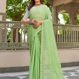 Satrani Green Linen Striped Saree With Unstitched Blouse-image-33