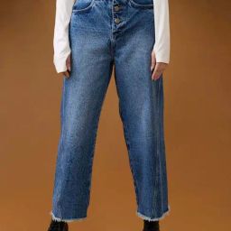 Globus Women Mid Blue Cotton High-Rise Light Fade Frayed Hem Wide Leg Denim Jeans-image-90
