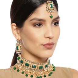 Zaveri Pearls Alluring Green Stones & Beads Choker Necklace Earring & Maangtikka Set-ZPFK9423-19