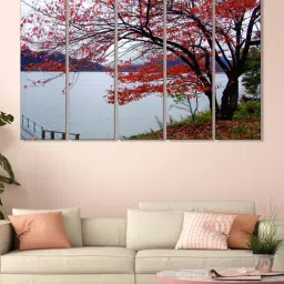 999Store Red & Grey Leaves Tree and Lake Art 5 Frame MDF Paintings-28