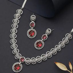 Saraf RS Jewellery Rhodium Red Ruby Zircon Studded Delicate Contemporary Jewellery Set-9