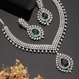 Saraf RS Jewellery Silver Toned Green Emerald Studded Designer Bridal Jewellery Set-image-65