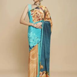 navyasa by liva Blue & Beige Floral Print Saree With Unstitched Blouse-picture-18