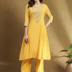 Biba Yellow Embroidered Kurta Palazzo Set With Dupatta-picture-6