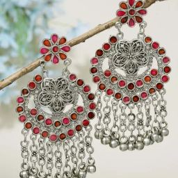 Moedbuille Meenakari Work Ghungroo Antique Tasselled Design Oxidised Silver Plated Earrings-image-78