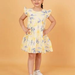 Creative Kid's Girls Yellow & Grey Cotton Printed Dress-image-91