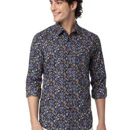 Mufti Blue Slim Fit Floral Print Cotton Shirt-image-20