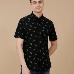 CAVALLO by Linen Club Black Linen Blend Slim fit Print casual shirts-picture-26