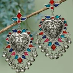 Moedbuille Meenakari Work Ghungroo Antique Design Oxidised Silver Plated Tribal Earrings-image-39