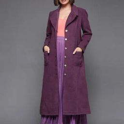Miss Chase Dark Mauve V Neck Full Sleeve Longline Button Down Polyester Jacket-6