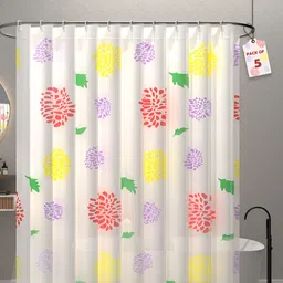 Aura 5-Pcs White & Yellow Printed Waterproof ShowerCurtainWithHooks-32
