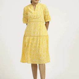 Jaipur Kurti Yellow Cotton Printed A-Line Dress-image-40