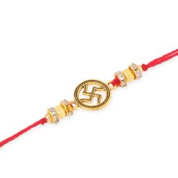 NVR Men Set of 4 Gold Toned Artificial Stones Swastik Design Thread Rakhi Combo image 2