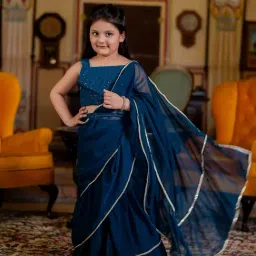 Cutiediva Girls Teal Embellished Saree & Blouse Set-image-63