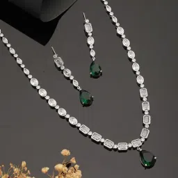 Saraf RS Jewellery Silver Toned Emerald Green Zircon Studded Minimal Jewellery Set-image-97