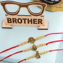 NVR Men Set of 3 Gold Toned Designer Ganesh Ji Thread Rakhi, Combo for Rakshabandhan-2