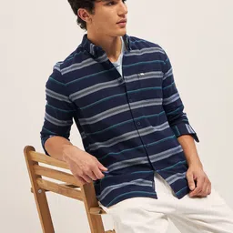 THE BEAR HOUSE Men Button-Down Collar Multi Striped Cotton Slim Fit Casual Shirt-image-63