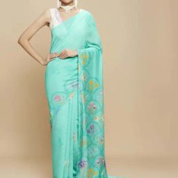 navyasa by liva Aqua Blue Floral Print Saree With Unstitched Blouse-image-52