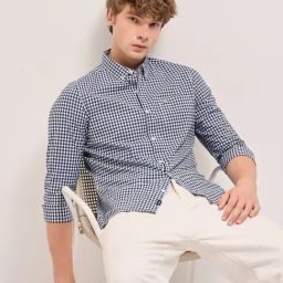 The Bear House Blue Cotton Slim Fit Checked Shirt-image-7